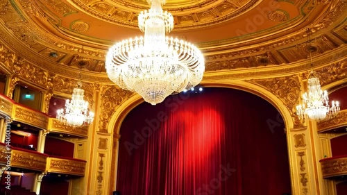 A grand opera house interior with intricate golden detailing, a red velvet stage curtain, and elegant chandeliers