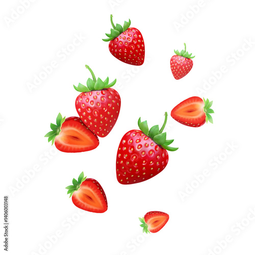 3d Falling juicy ripe strawberry with green leaves Red fruit berry piece flying. Tasty blurred berries. For juice advertising. Vector 3d realistic illustration.