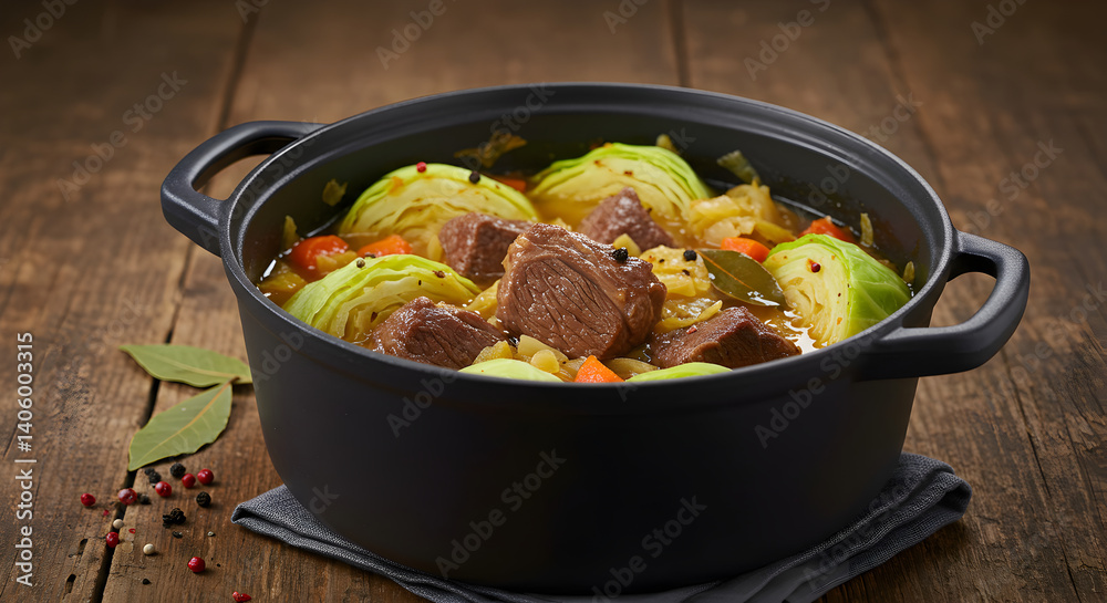 Hearty Lamb And Cabbage Stew In Pot On Rustic Wooden Table Hearty Lamb And Cabbage Stew In Pot On Rustic Wooden Table