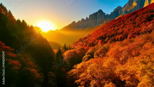Majestic mountain landscape with vibrant autumn foliage, mist rolling over the peaks at sunrise