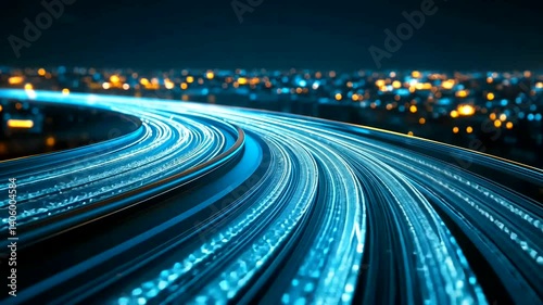 Futuristic highway curves through city at night, digital data streams