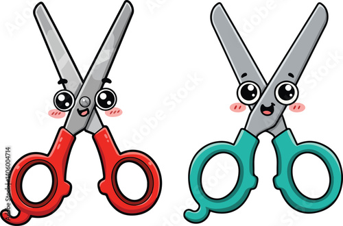 Cute & Funny Cartoon Scissors Characters Vector Set – Adorable Office & Craft Clipart Collection