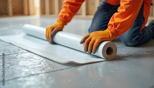Worker installs underfloor insulation, laying down white vapor barrier sheet. Man kneels rolls plastic membrane over layer. Construction renovation job in building interior for home improvement.