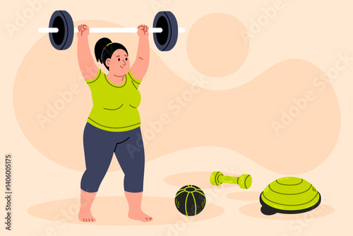Overweight woman lifting dumbbells during home workout. Concept of strength, body positivity, and fitness.