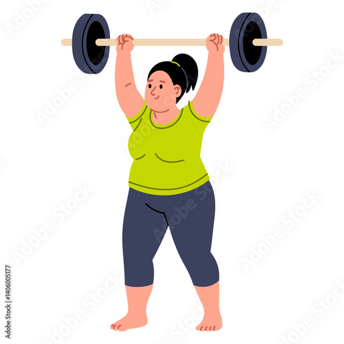 Curvy woman lifting barbell during home strength training. Concept of body positivity and empowerment