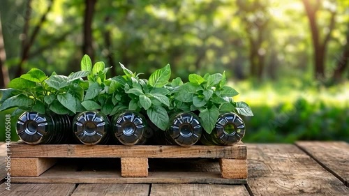 Fresh mint plants growing in recycled bottles on a wooden pallet in a sunlit forest setting