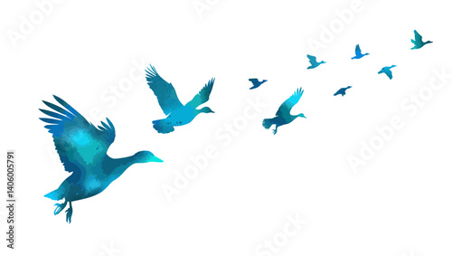 A flock of blue ducks flying. hand drawing. Not AI. Vector illustration.