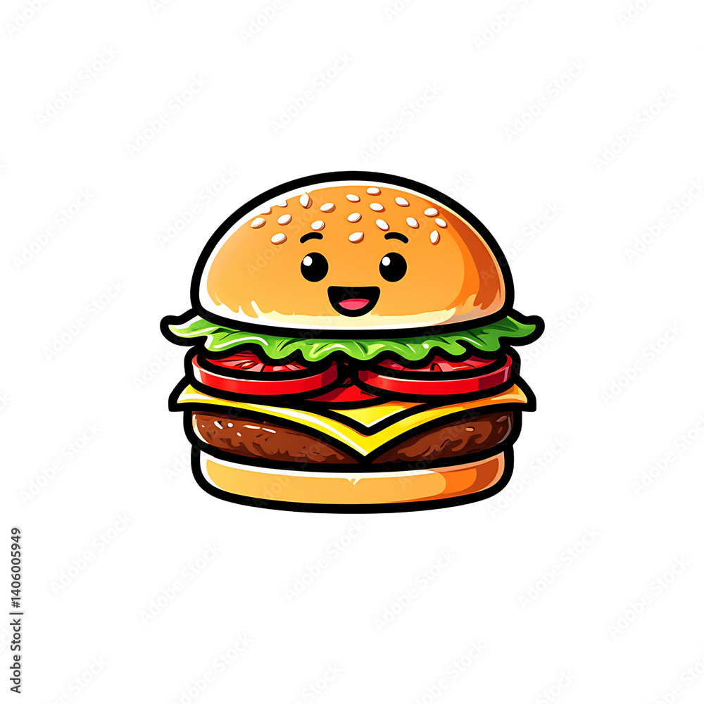 A friendly and delicious cartoon burger with cheese and fresh ingredients, smiling on a black background.