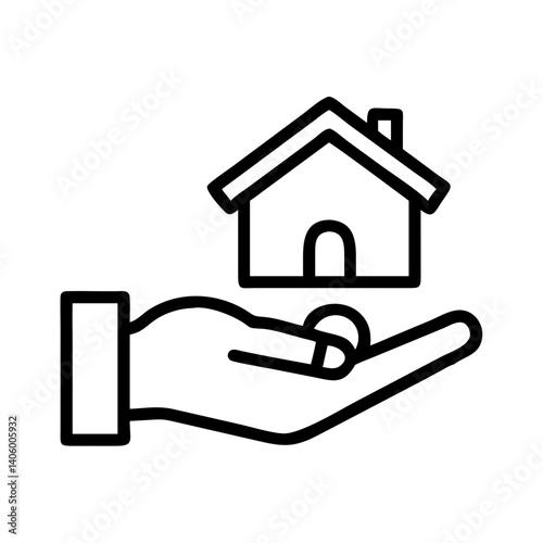 A hand offering a house, symbolizing the idea of homeownership or real estate services. The icon represents trust, security, and the promise of a new beginning.  