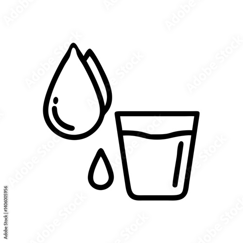 Minimalist outline of water drops and a glass. A refreshing visual representation of hydration and the essence of life