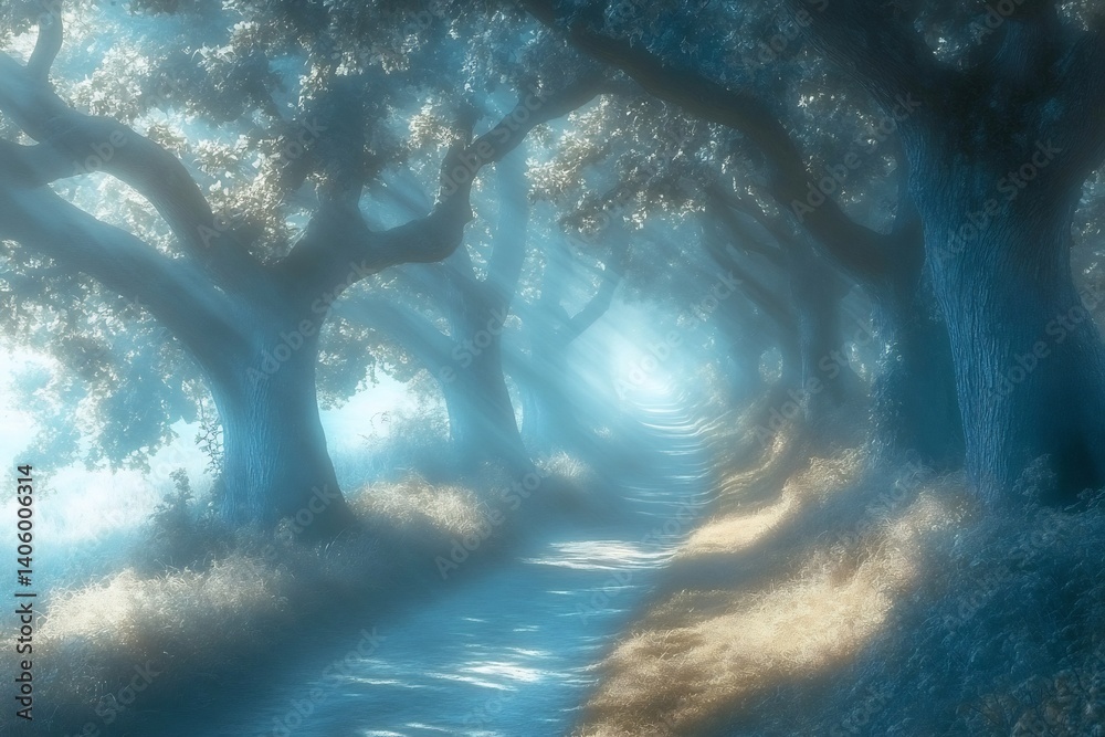 Fototapeta premium Ethereal forest landscape soft pastel light delicate shadows caress ancient trees and winding paths evoking poetic natural beauty