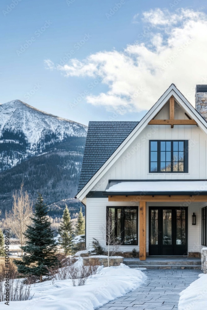 Mountain home with snow-covered landscape and blue sky under bright sunlight in winter season showcasing modern architecture and scenic view Mountain home with snow-covered landscape and blue sky under bright sunlight in winter season showcasing modern architecture and scenic view