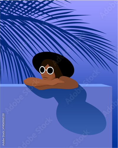 Woman with hat behind the blue wall