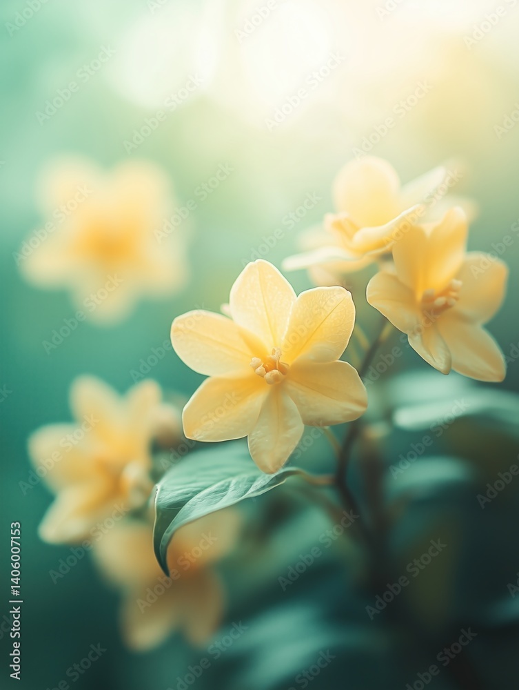 Fototapeta premium Delicate yellow flowers bloom in soft sunlight against a blurred green background