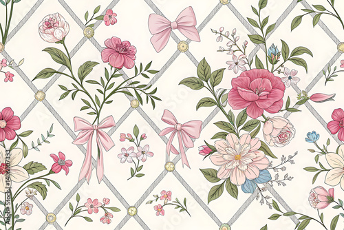 Wallpaper Mural Seamless Floral Trellis Pattern with Bows & Ribbons | Vintage Botanical Background

 Torontodigital.ca