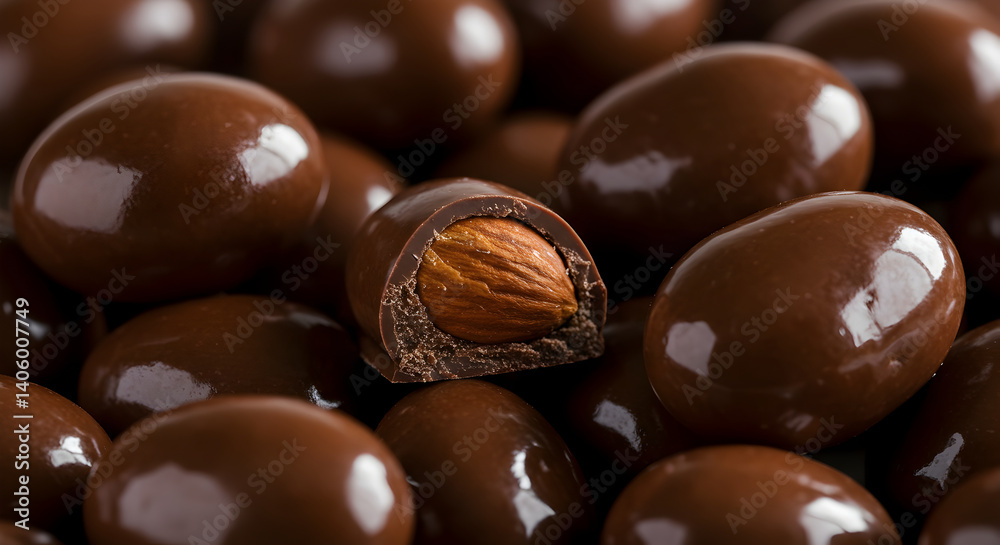 Delicious Chocolate Covered Almonds Close-Up with a Shiny Coating