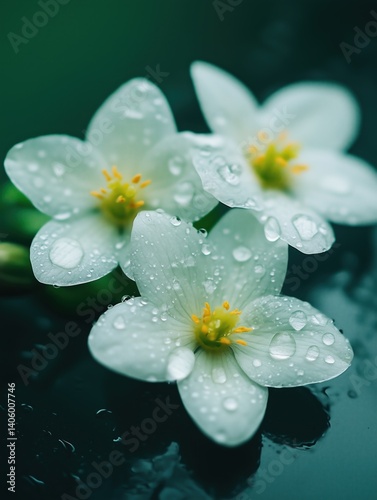 Beautiful white flowers with raindrops on dark green background capture the essence of nature's beauty and freshness