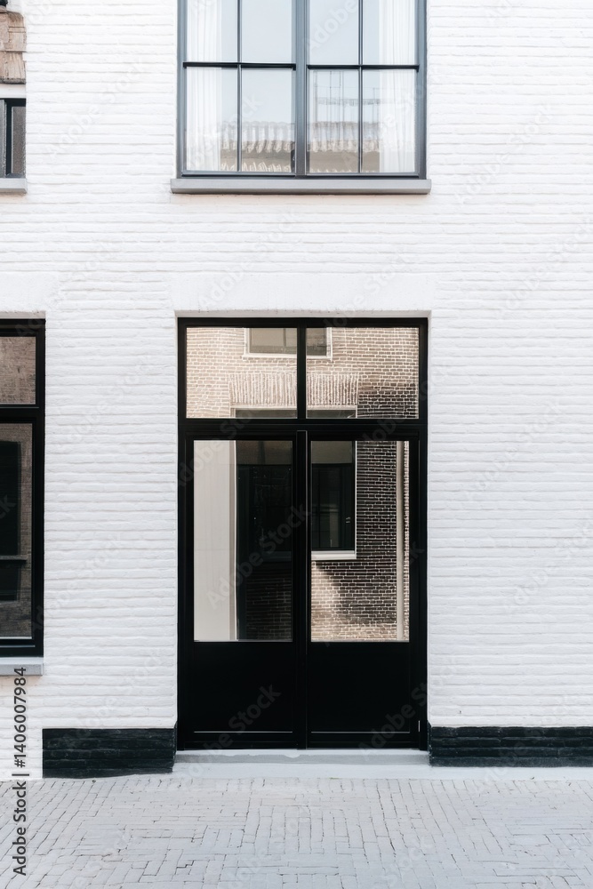 Modern black door framed by white bricks with reflections showcasing urban architecture in a tranquil neighborhood setting Modern black door framed by white bricks with reflections showcasing urban architecture in a tranquil neighborhood setting