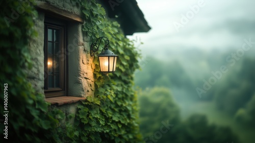 Cozy lantern illuminates ivy-covered cottage in serene forest during misty evening hours