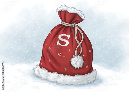 A christmas sack with a letter s in the snow ready for the christmas season
