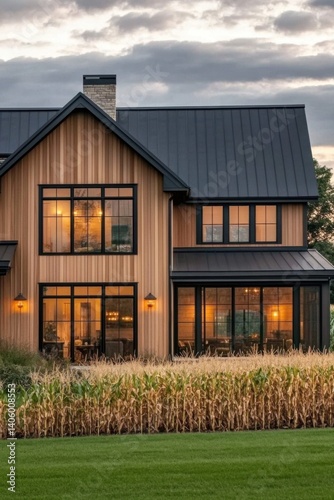 A contemporary farmhouse featuring a rustic wooden exterior is nestled amid a sprawling cornfield, illuminated by the warm glow of its interior lights at sunset