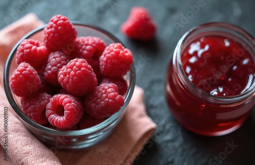 Wallpaper Mural Fresh raspberries glass bowl. Red raspberry jam jar. Homemade dessert, healthy snack, breakfast treat. Vegetarian food, summer harvest, berry season, fresh fruit. Sweet snack. Torontodigital.ca