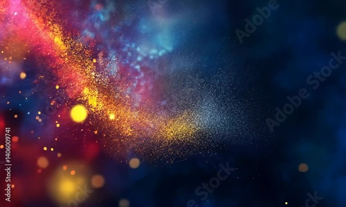 Colorful abstract particles dance in a cosmic background during nighttime