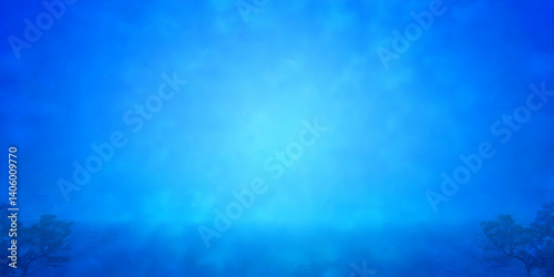 Mysterious Glow in Blue Gradient Landscape with Silhouetted Trees on Both Sides
