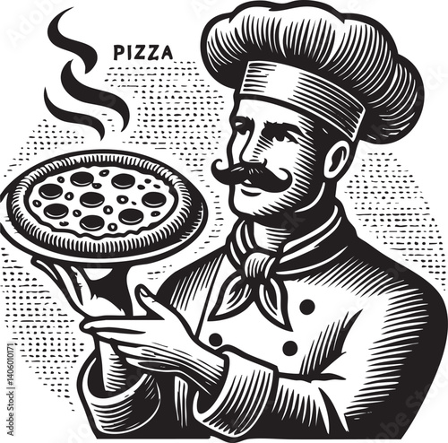 A vintage illustration of a chef presenting a pizza with steam rising from it.