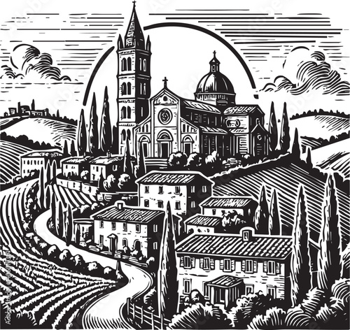 Black and white illustration of a Tuscan village with a church and surrounding vineyards.