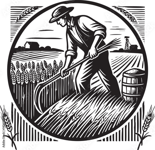 A vintage-style illustration of a farmer harvesting wheat in a rural landscape.