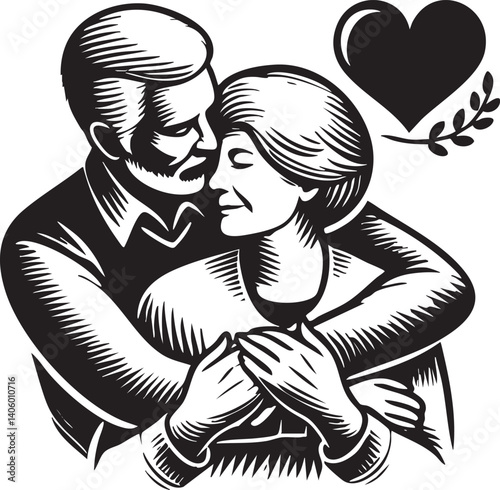 An illustration of an elderly couple embracing, symbolizing love and affection in their relationship.