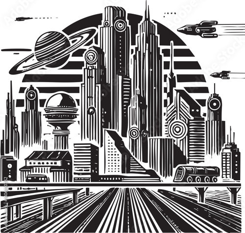 Futuristic city skyline with space elements and sleek buildings depicting a sci-fi landscape.