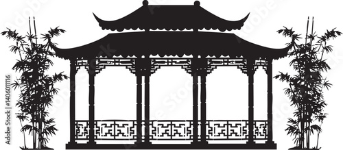 A traditional Asian pavilion surrounded by bamboo, symbolizing tranquility and elegance in nature.