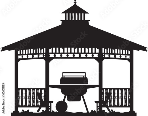 Black silhouette of a gazebo featuring a grill and seating area ideal for outdoor gatherings.