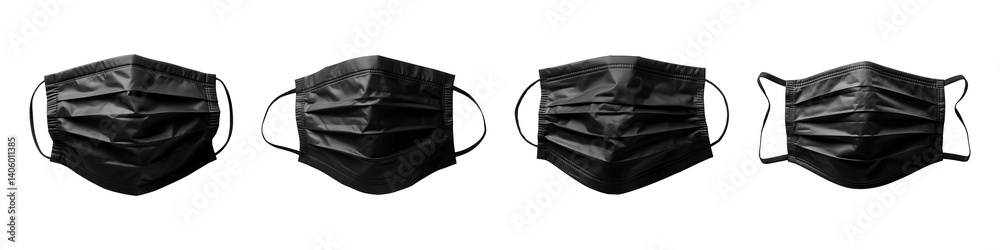 Set, collection of black medical masks isolated on transparent background Set, collection of black medical masks isolated on transparent background