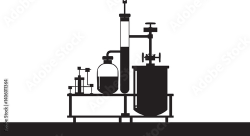 Silhouette of laboratory equipment including flasks and tubes for chemical experiments and research.