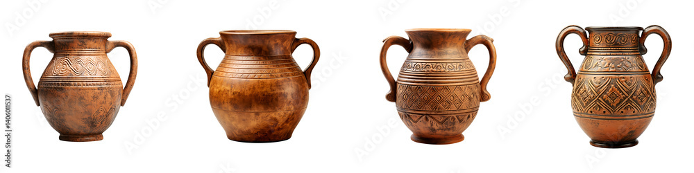 Set or collection of antique clay jugs with two handles isolated on transparent background Set or collection of antique clay jugs with two handles isolated on transparent background
