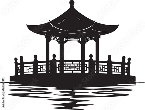 A serene silhouette of a pavilion reflecting on water, symbolizing tranquility and elegance.