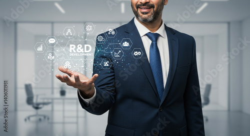 Businessman presenting R&D innovation tech concept digital future