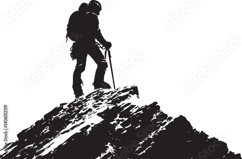 Silhouette of a climber standing triumphantly on a mountain peak against a white background.