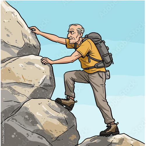 A brave elderly man climbs the rocks with determination against a blue sky backdrop