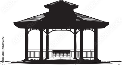 A black silhouette of a gazebo with a traditional design ideal for outdoor spaces.