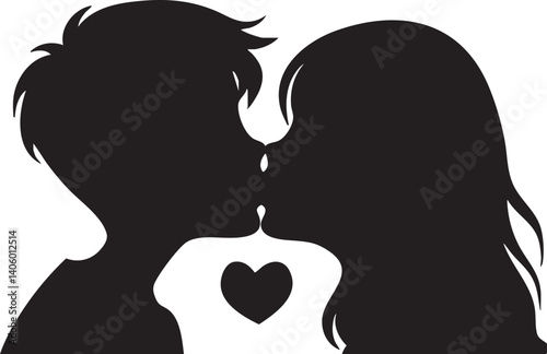 Silhouette of a couple kissing with heart symbol for romantic designs.