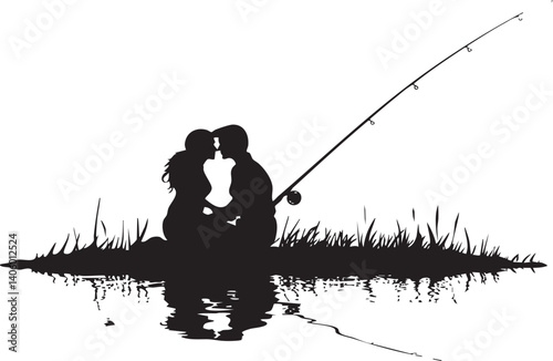 A romantic silhouette of a couple fishing together on a tranquil island at sunset.