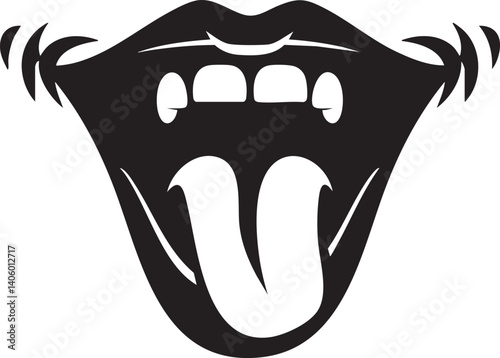 A stylized black and white illustration of an open mouth with a protruding tongue.