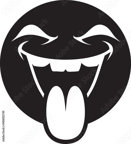 A playful cartoon face with a big smile and tongue sticking out, conveying joy and humor.