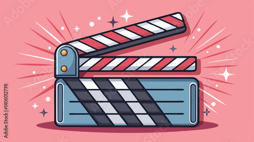 Film Clapperboard Vector Icon on Pink Background, A vector design of a film clapperboard with a striped top, set against a pink background, representing movie production