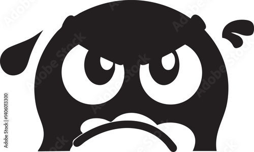 A simple black and white illustration of an angry emoticon with exaggerated features.