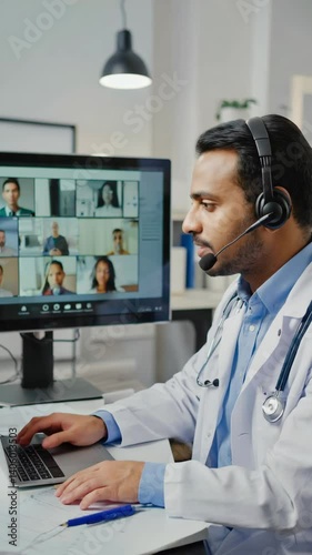 Male doctor having online conference on computer with patients telemedicine consultation